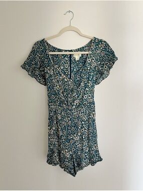 Anthropologie Maeve Teal Floral Sweetheart Romper Size 6